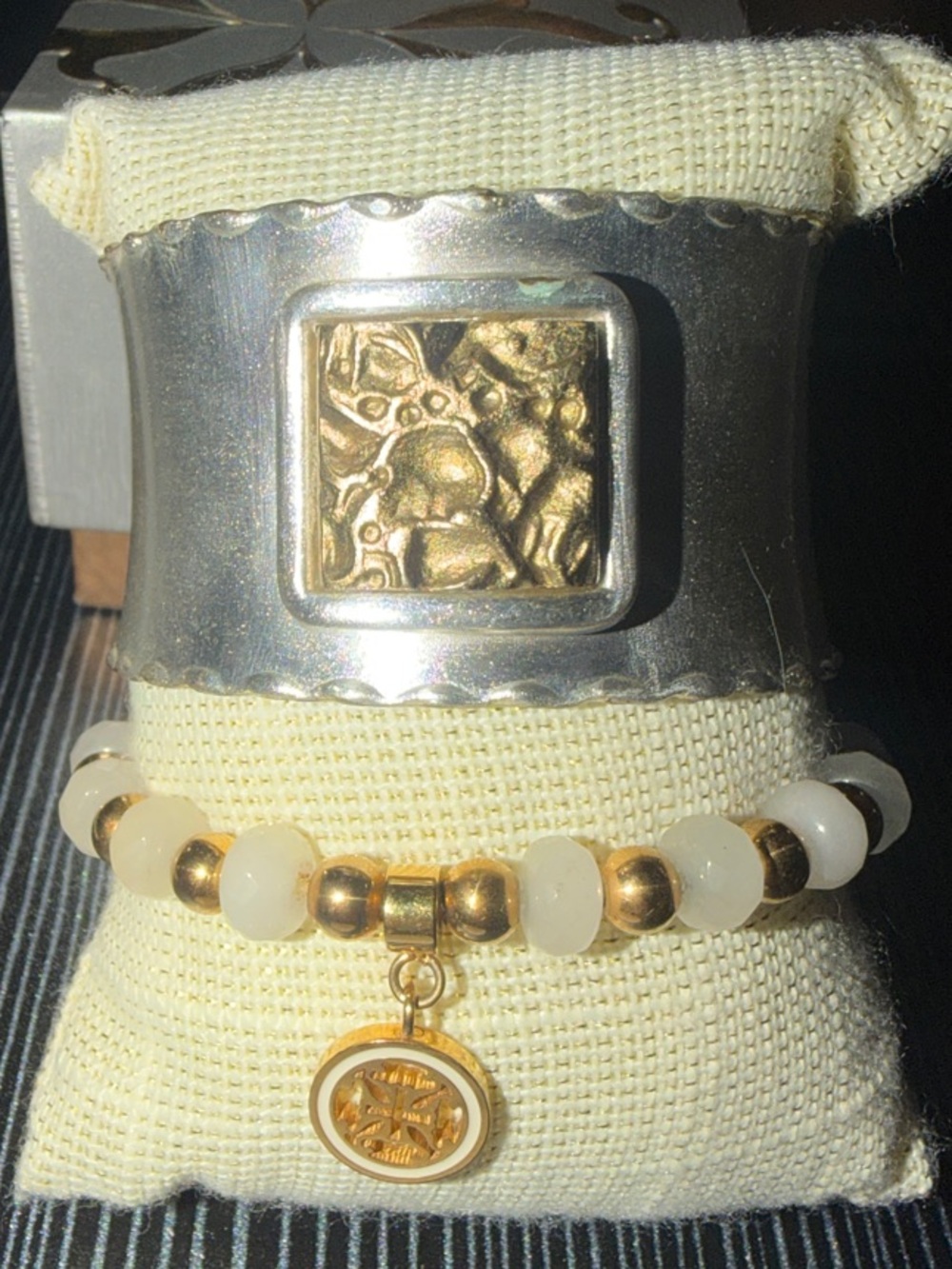 Rustic Cuff Gold and Silver Cuff with White and Gold Beaded Charm Bracelet Set
